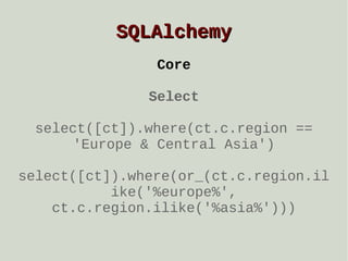 SQLAlchemy
Core
Select
select([ct]).where(ct.c.region ==
'Europe & Central Asia')
select([ct]).where(or_(ct.c.region.il
ike('%europe%',
ct.c.region.ilike('%asia%')))

 