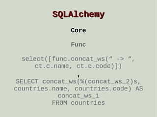 SQLAlchemy
Core
Func
select([func.concat_ws(“ -> “,
ct.c.name, ct.c.code)])
SELECT concat_ws(%(concat_ws_2)s,
countries.name, countries.code) AS
concat_ws_1
FROM countries

 