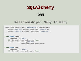 SQLAlchemy
ORM
Relationships: Many To Many

 