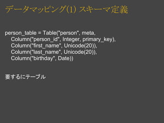 データマッピング(1) スキーマ定義

person_table = Table("person", meta,
  Column("person_id", Integer, primary_key),
  Column("first_name", Unicode(20)),
  Column("last_name", Unicode(20)),
  Column("birthday", Date))


要するにテーブル
 