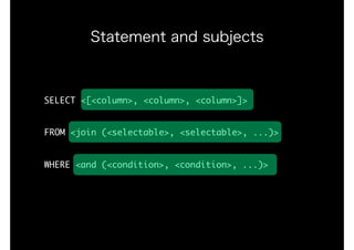 SELECT	<[<column>,	<column>,	<column>]>

FROM	<join	(<selectable>,	<selectable>,	...)>

WHERE	<and	(<condition>,	<condition>,	...)>
Statement and subjects
 