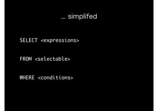 SELECT	<expressions>

FROM	<selectable>

WHERE	<conditions>
... simplifed
 