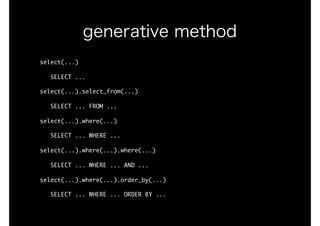 select(...)

			SELECT	...

select(...).select_from(...)

			SELECT	...	FROM	...

select(...).where(...)

			SELECT	...	WHERE	...

select(...).where(...).where(...)

			SELECT	...	WHERE	...	AND	...

select(...).where(...).order_by(...)

			SELECT	...	WHERE	...	ORDER	BY	...
generative method
 