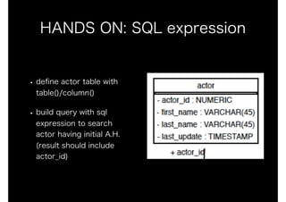 HANDS ON: SQL expression
• deﬁne actor table with
table()/column()
• build query with sql
expression to search 
actor having initial A.H.  
(result should include
actor_id)
 