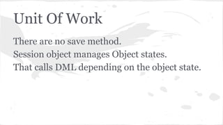 Unit Of Work
There are no save method.
Session object manages Object states.
That calls DML depending on the object state.
 