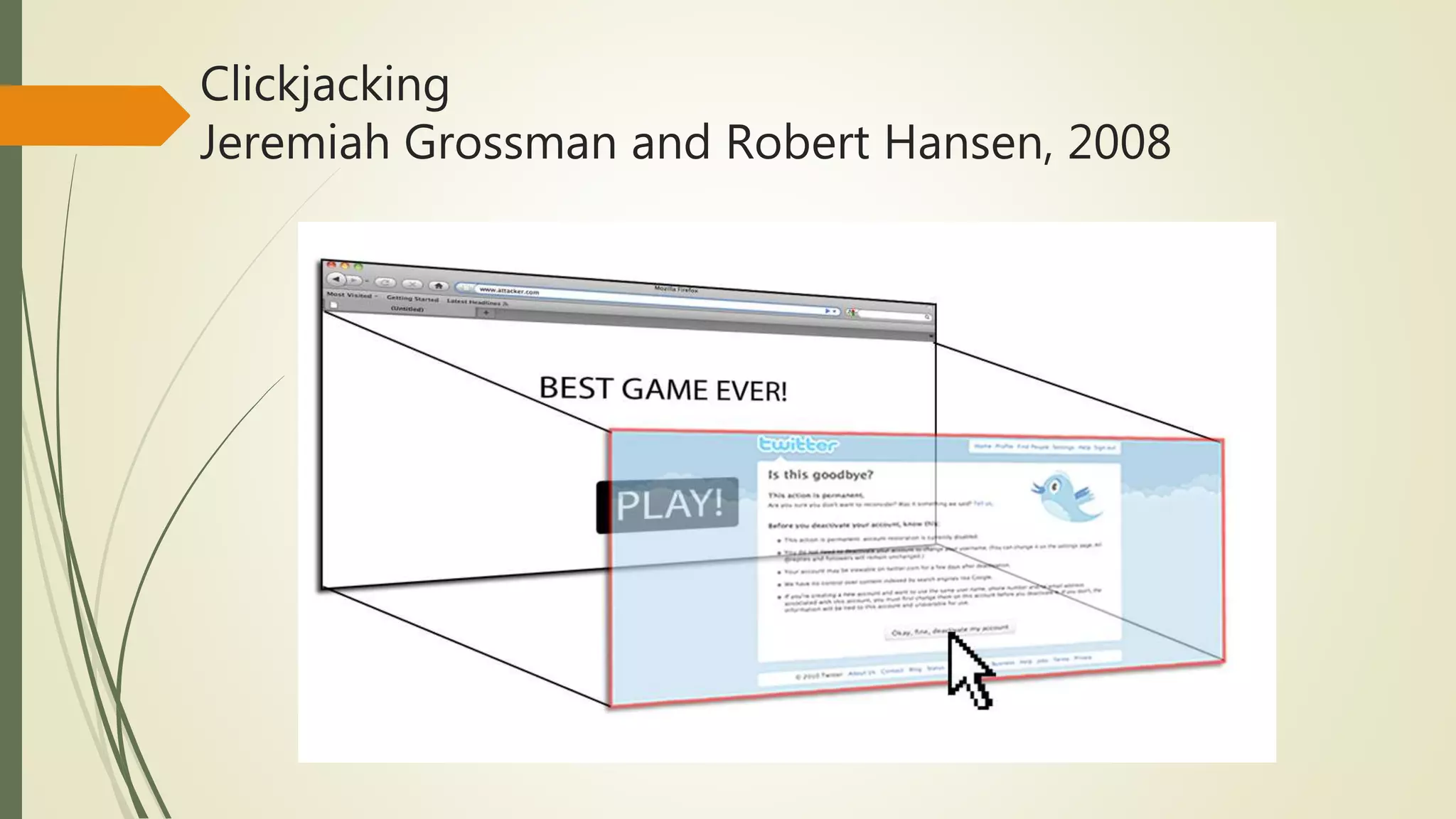 Clickjacking
Jeremiah Grossman and Robert Hansen, 2008
 