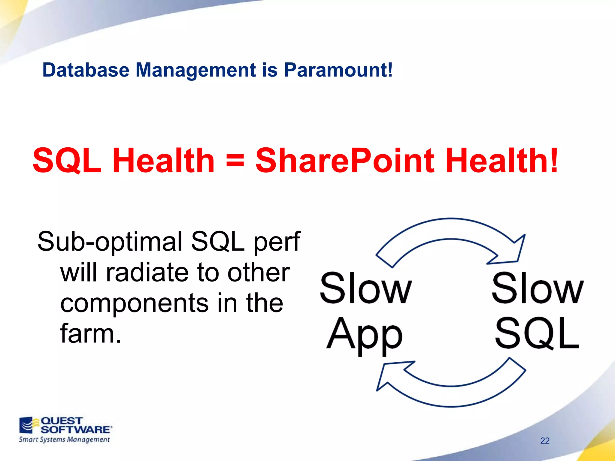SQL Health = SharePoint Health! Sub-optimal SQL perf will radiate to other components in the farm. Database Management is Paramount! 