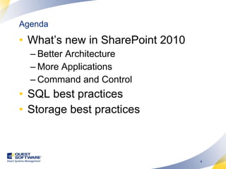 Agenda What’s new in SharePoint 2010 Better Architecture More Applications Command and Control SQL best practices Storage best practices 