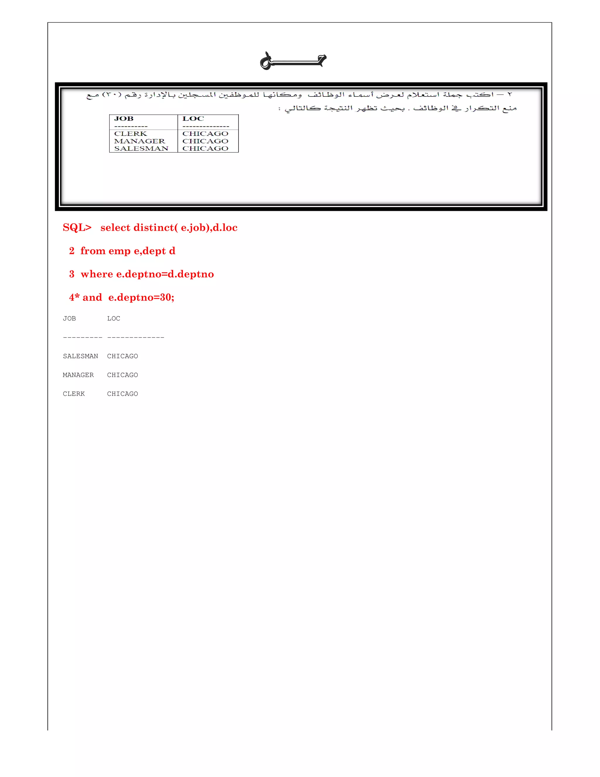 SQL> select distinct( e.job),d.loc
2 from emp e,dept d
3 where e.deptno=d.deptno
4* and e.deptno=30;
JOB LOC
--------- -------------
SALESMAN CHICAGO
MANAGER CHICAGO
CLERK CHICAGO
‫ﺣـــــــﻞ‬‫ﺣـــــــﻞ‬‫ﺣـــــــﻞ‬‫ﺣـــــــﻞ‬
c
 