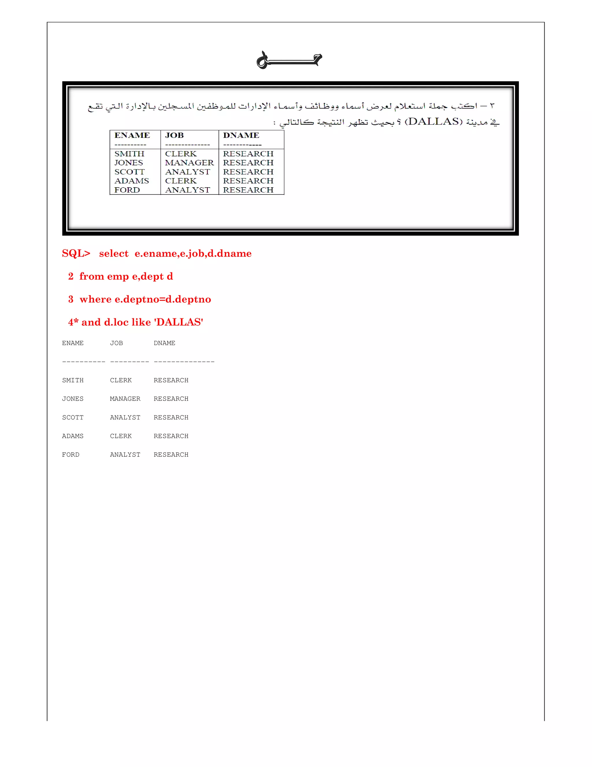 SQL> select e.ename,e.job,d.dname
2 from emp e,dept d
3 where e.deptno=d.deptno
4* and d.loc like 'DALLAS'
ENAME JOB DNAME
---------- --------- --------------
SMITH CLERK RESEARCH
JONES MANAGER RESEARCH
SCOTT ANALYST RESEARCH
ADAMS CLERK RESEARCH
FORD ANALYST RESEARCH
‫ﺣـــــــﻞ‬‫ﺣـــــــﻞ‬‫ﺣـــــــﻞ‬‫ﺣـــــــﻞ‬
SQL> select e.ename,e.job,d.dname
 