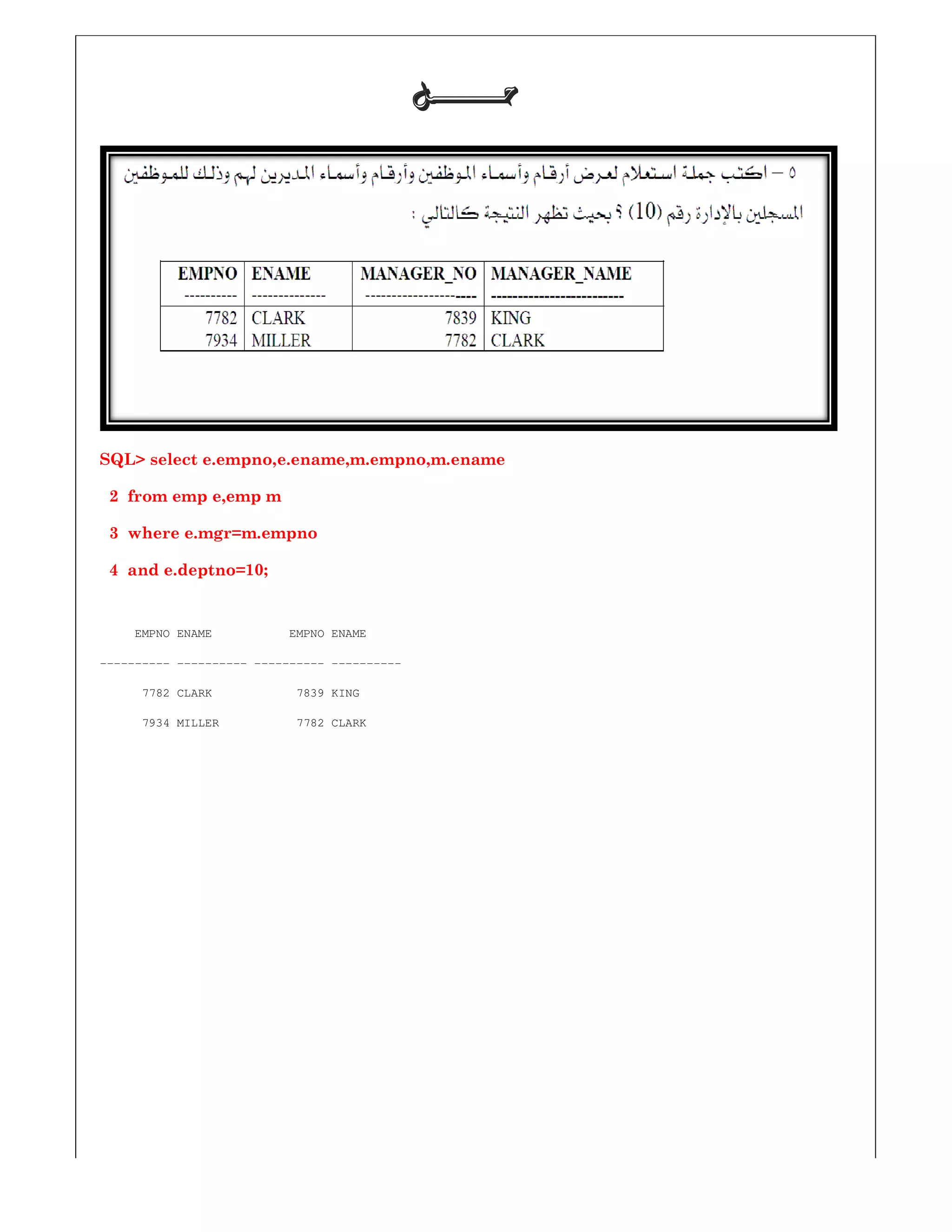 SQL> select e.empno,e.ename,m.empno,m.ename
2 from emp e,emp m
3 where e.mgr=m.empno
4 and e.deptno=10;
EMPNO ENAME EMPNO ENAME
---------- ---------- ---------- ----------
7782 CLARK 7839 KING
7934 MILLER 7782 CLARK
‫ﺣـــــــﻞ‬‫ﺣـــــــﻞ‬‫ﺣـــــــﻞ‬‫ﺣـــــــﻞ‬
SQL> select e.empno,e.ename,m.empno,m.ename
----------
 