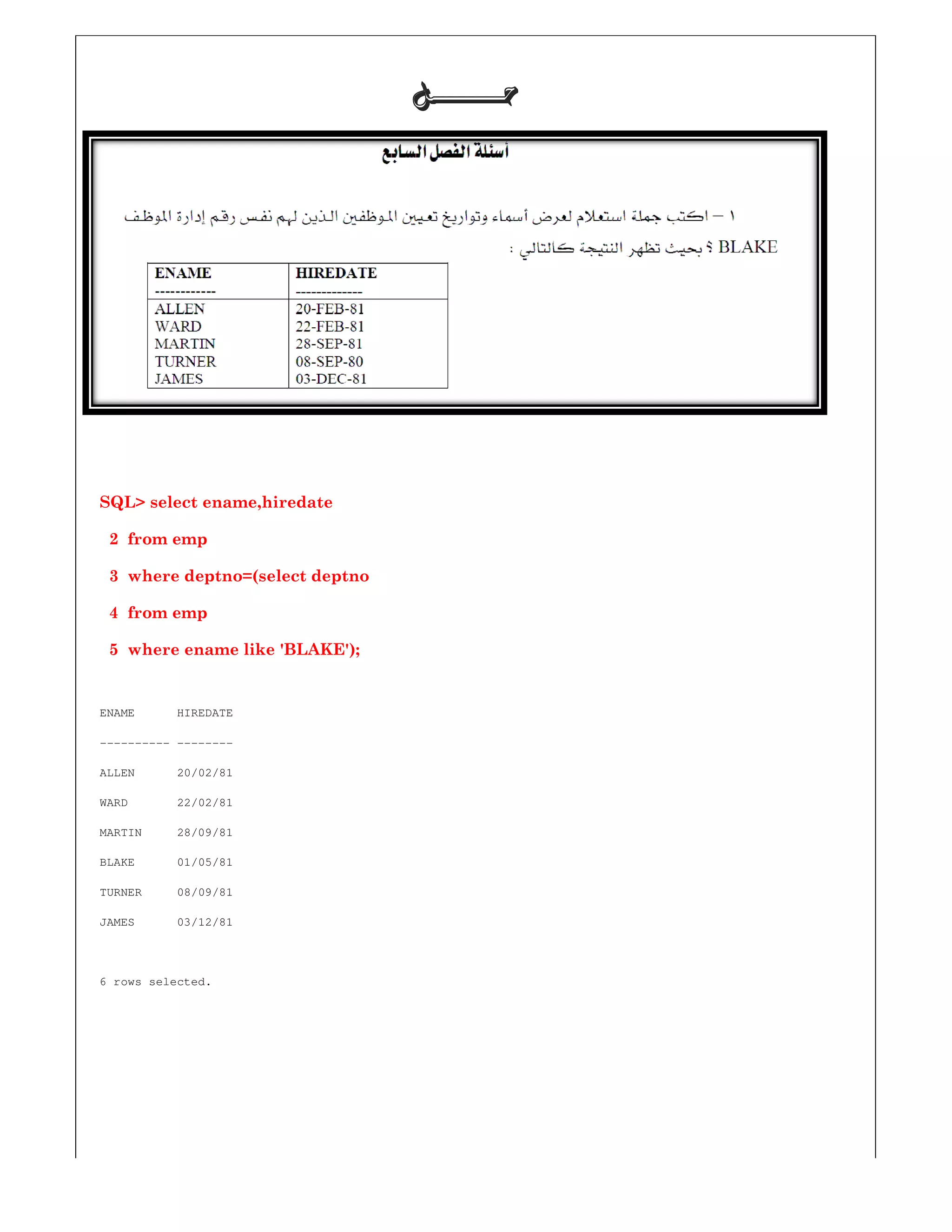 SQL> select ename,hiredate
2 from emp
3 where deptno=(select deptno
4 from emp
5 where ename like 'BLAKE');
ENAME HIREDATE
---------- --------
ALLEN 20/02/81
WARD 22/02/81
MARTIN 28/09/81
BLAKE 01/05/81
TURNER 08/09/81
JAMES 03/12/81
6 rows selected.
‫ﺣـــــــﻞ‬‫ﺣـــــــﻞ‬‫ﺣـــــــﻞ‬‫ﺣـــــــﻞ‬
 