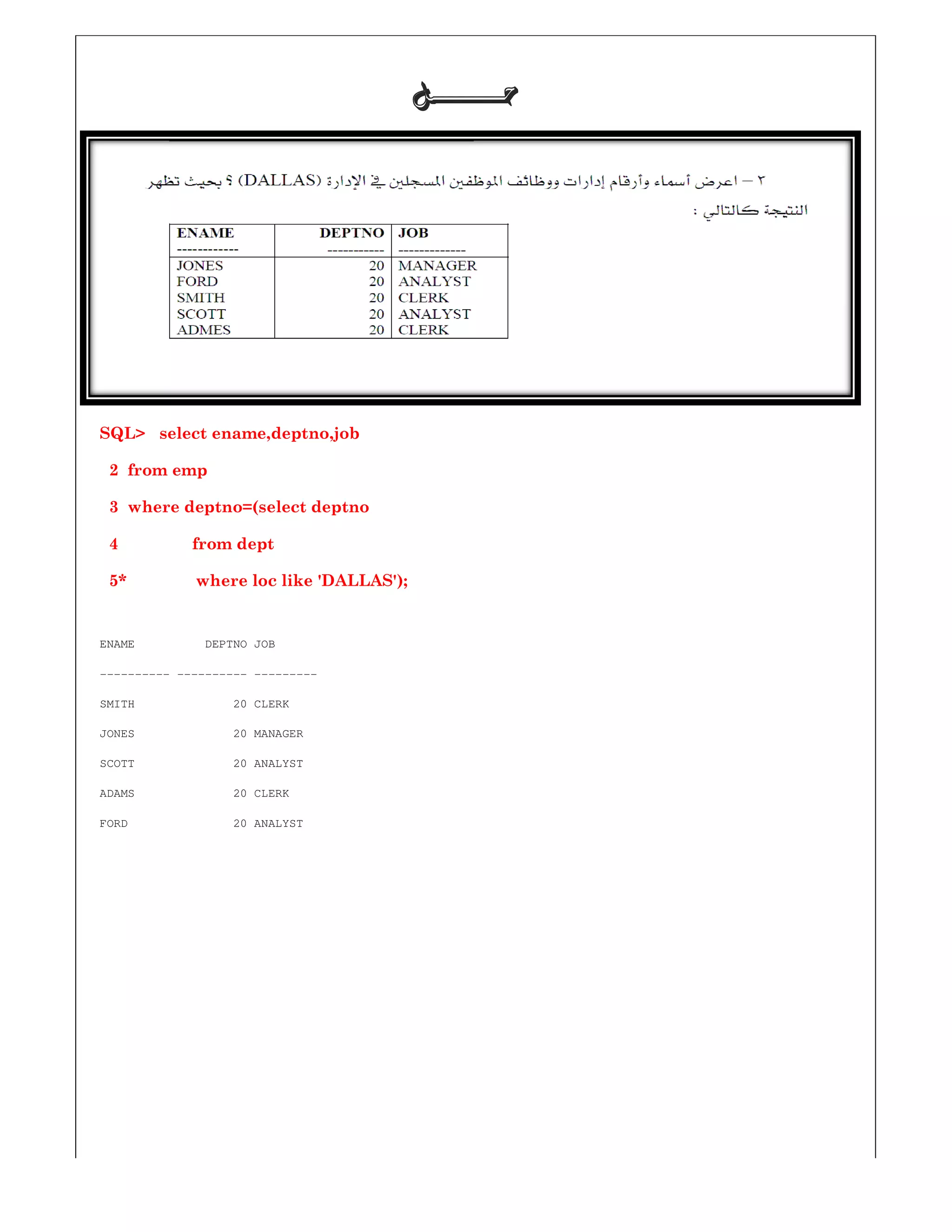 SQL> select ename,deptno,job
2 from emp
3 where deptno=(select deptno
4 from dept
5* where loc like 'DALLAS')
ENAME DEPTNO JOB
---------- ---------- ---------
SMITH 20 CLERK
JONES 20 MANAGER
SCOTT 20 ANALYST
ADAMS 20 CLERK
FORD 20 ANALYST
‫ﺣـــــــﻞ‬‫ﺣـــــــﻞ‬‫ﺣـــــــﻞ‬‫ﺣـــــــﻞ‬
* where loc like 'DALLAS');
 