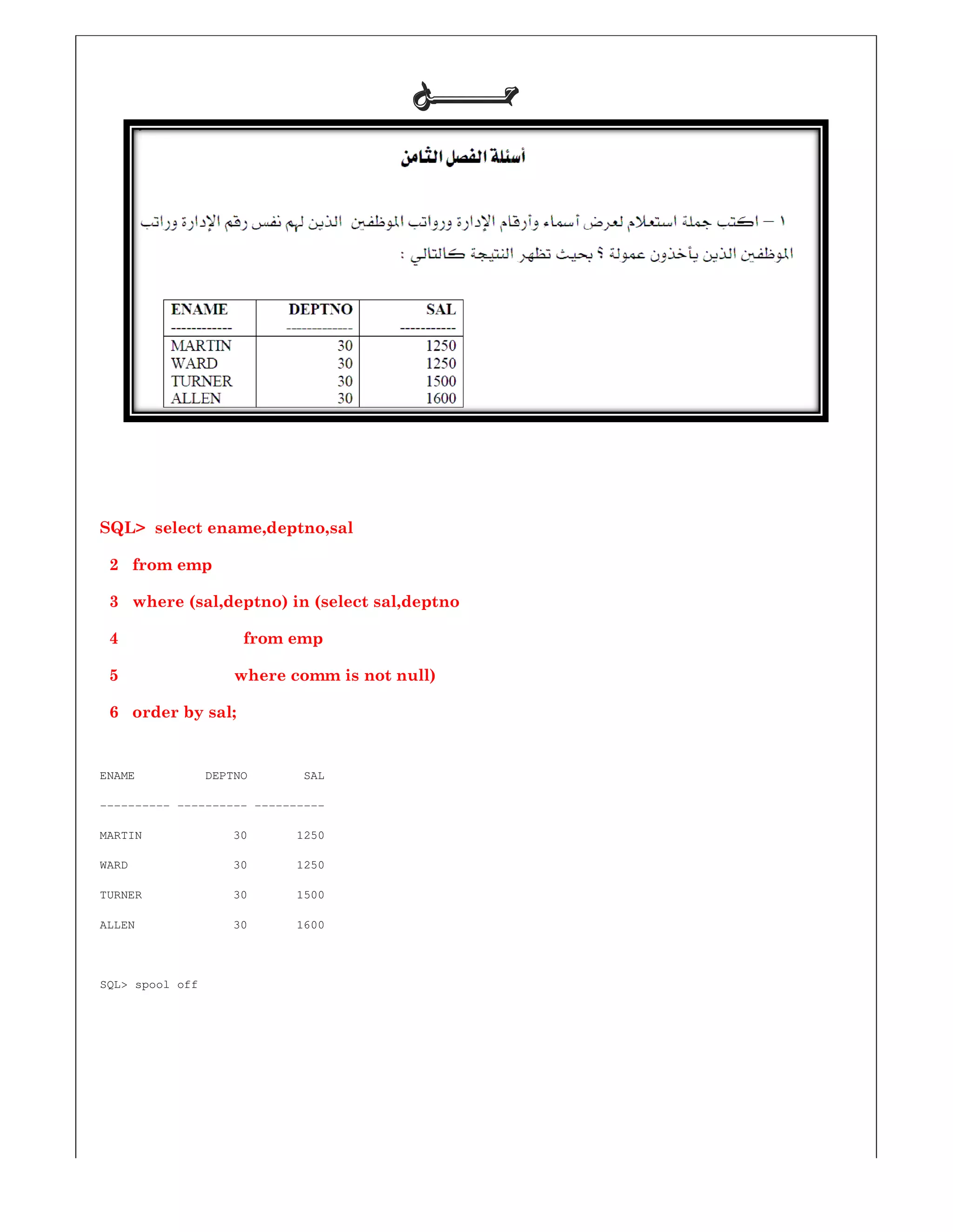 SQL> select ename,deptno,sal
2 from emp
3 where (sal,deptno) in (select sal,deptno
4 from emp
5 where comm is not null)
6 order by sal;
ENAME DEPTNO SAL
---------- ---------- ----------
MARTIN 30 1250
WARD 30 1250
TURNER 30 1500
ALLEN 30 1600
SQL> spool off
‫ﺣـــــــﻞ‬‫ﺣـــــــﻞ‬‫ﺣـــــــﻞ‬‫ﺣـــــــﻞ‬
ere (sal,deptno) in (select sal,deptno
where comm is not null)
ENAME DEPTNO SAL
MARTIN 30 1250
WARD 30 1250
ALLEN 30 1600
 
