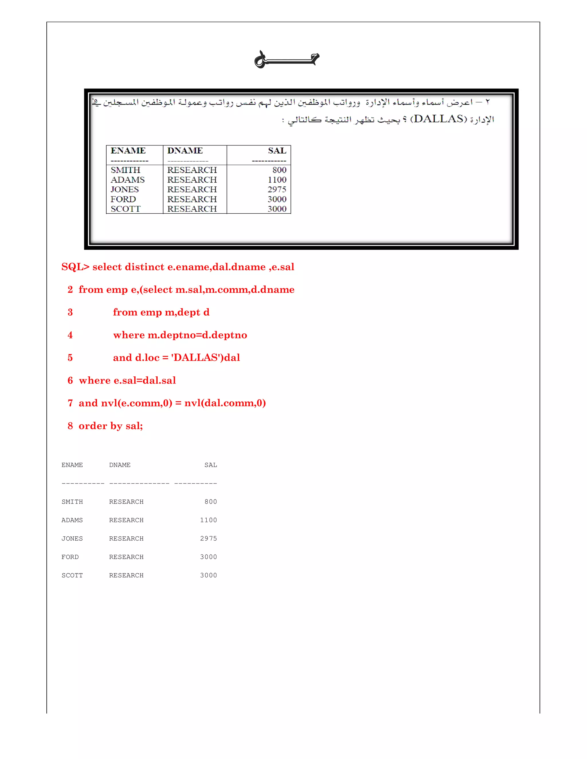 SQL> select distinct e.ename,dal.dname ,e.sal
2 from emp e,(select m.sal,m.comm,d.dname
3 from emp m,dept d
4 where m.deptno=d.deptno
5 and d.loc = 'DALLAS')dal
6 where e.sal=dal.sal
7 and nvl(e.comm,0) = nvl(dal.comm,
8 order by sal;
ENAME DNAME SAL
---------- -------------- ----------
SMITH RESEARCH 800
ADAMS RESEARCH 1100
JONES RESEARCH 2975
FORD RESEARCH 3000
SCOTT RESEARCH 3000
‫ﺣـــــــﻞ‬‫ﺣـــــــﻞ‬‫ﺣـــــــﻞ‬‫ﺣـــــــﻞ‬
SQL> select distinct e.ename,dal.dname ,e.sal
from emp e,(select m.sal,m.comm,d.dname
where m.deptno=d.deptno
and d.loc = 'DALLAS')dal
) = nvl(dal.comm,0)
 