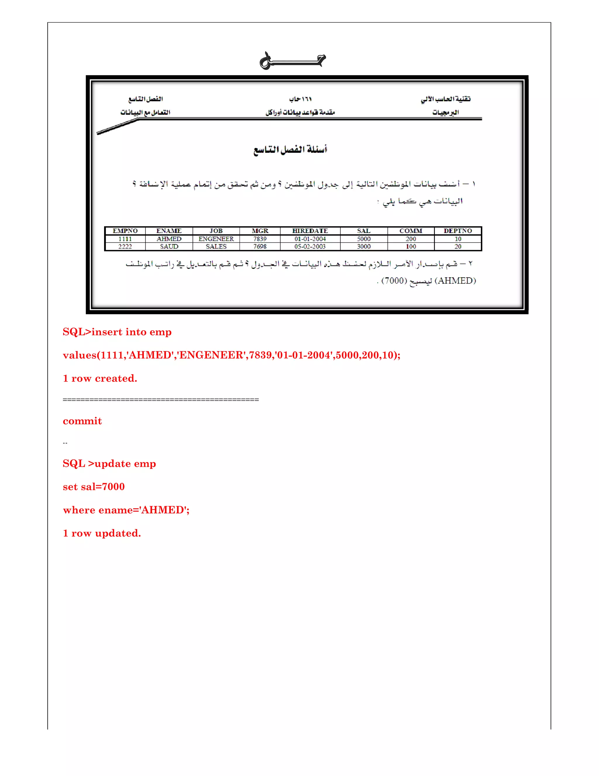 SQL>insert into emp
values(1111,'AHMED','ENGENEER',
1 row created.
============================================
commit
--
SQL >update emp
set sal=7000
where ename='AHMED';
1 row updated.
‫ﺣـــــــﻞ‬‫ﺣـــــــﻞ‬‫ﺣـــــــﻞ‬‫ﺣـــــــﻞ‬
,'AHMED','ENGENEER',7839,'01-01-2004',5000,200,10);
===============
 