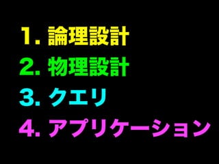 1.   論理設計
2.   物理設計
3.   クエリ
4.   アプリケーション
 