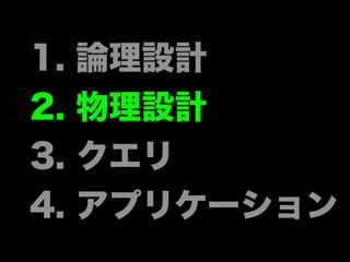 1.   論理設計
2.   物理設計
3.   クエリ
4.   アプリケーション
 