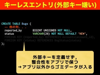 CREATE TABLE Bugs (
-- 他の列. . .
reported_by BIGINT UNSIGNED NOT NULL,
status VARCHAR(20) NOT NULL DEFAULT 'NEW',
FOREIGN KEY (reported_by) REFERENCES Accounts(account_id),
FOREIGN KEY (status) REFERENCES BugStatus(status)
);
キーレスエントリ(外部キー嫌い)
外部キーを定義せず,
整合性をアプリで保つ
→アプリ以外からゴミデータが入る
 