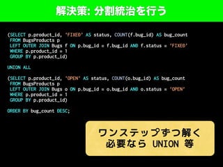 解決策: 分割統治を行う
(SELECT p.product_id, 'FIXED' AS status, COUNT(f.bug_id) AS bug_count
FROM BugsProducts p
LEFT OUTER JOIN Bugs f ON p.bug_id = f.bug_id AND f.status = 'FIXED'
WHERE p.product_id = 1
GROUP BY p.product_id)
UNION ALL
(SELECT p.product_id, 'OPEN' AS status, COUNT(o.bug_id) AS bug_count
FROM BugsProducts p
LEFT OUTER JOIN Bugs o ON p.bug_id = o.bug_id AND o.status = 'OPEN'
WHERE p.product_id = 1
GROUP BY p.product_id)
ORDER BY bug_count DESC;
ワンステップずつ解く
必要なら UNION 等
 