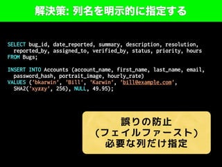 解決策: 列名を明示的に指定する
SELECT bug_id, date_reported, summary, description, resolution,
reported_by, assigned_to, verified_by, status, priority, hours
FROM Bugs;
INSERT INTO Accounts (account_name, first_name, last_name, email,
password_hash, portrait_image, hourly_rate)
VALUES ('bkarwin', 'Bill', 'Karwin', 'bill@example.com',
SHA2('xyzzy', 256), NULL, 49.95);
誤りの防止
(フェイルファースト)
必要な列だけ指定
 