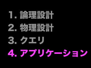 1. 論理設計
2. 物理設計
3. クエリ
4. アプリケーション
 