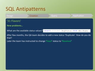 SQL Antipatterns 
Design Creation Query Application 
‘31 Flavors’ 
New problems… 
What are the available status values? 
SELECT DISTINCT BugStatus FROM dbo.Bugs; 
After few months, the QA team decides to add a new status ‘Duplicate’. How do you do 
that? 
Later the team has instructed to change ‘Fixed’ status to ‘Resolved’ 
 