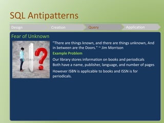 SQL Antipatterns 
Design Creation Query Application 
Fear of Unknown 
"There are things known, and there are things unknown, And 
in between are the Doors." ~ Jim Morrison 
Example Problem 
Our library stores information on books and periodicals 
Both have a name, publisher, language, and number of pages 
However ISBN is applicable to books and ISSN is for 
periodicals. 
 