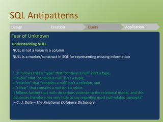SQL Antipatterns 
Design Creation Query Application 
Fear of Unknown 
Understanding NULL 
NULL is not a value in a column 
NULL is a marker/construct in SQL for representing missing information 
"...it follows that a “type” that “contains a null” isn’t a type, 
a “tuple” that “contains a null” isn’t a tuple, 
a “relation” that “contains a null” isn’t a relation, and 
a “relvar” that contains a null isn’t a relvar. 
It follows further that nulls do serious violence to the relational model, and this 
dictionary therefore has very little to say regarding most null-related concepts“ 
– C . J. Date – The Relational Database Dictionary 
 