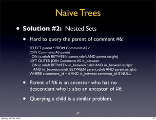 Naive Trees
                • Solution #2:                    Nested Sets
                         •   Hard to query the p...