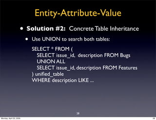 Entity-Attribute-Value
                     • Solution #2:         Concrete Table Inheritance
                         •  ...