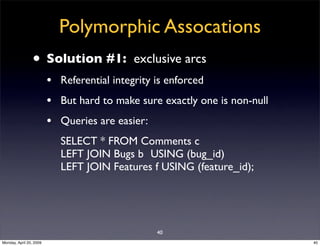 Polymorphic Assocations
                • Solution #1:             exclusive arcs
                         • Referential i...