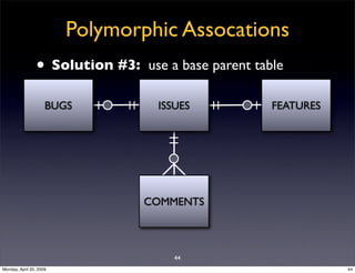 Polymorphic Assocations
                • Solution #3:   use a base parent table

                     BUGS         ISSUES...