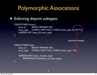 Polymorphic Assocations
                • Enforcing disjoint subtypes:
                         CREATE TABLE Issues (
    ...