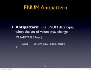 ENUM Antipattern


                     • Antipattern:       use ENUM data type,
                         when the set of ...