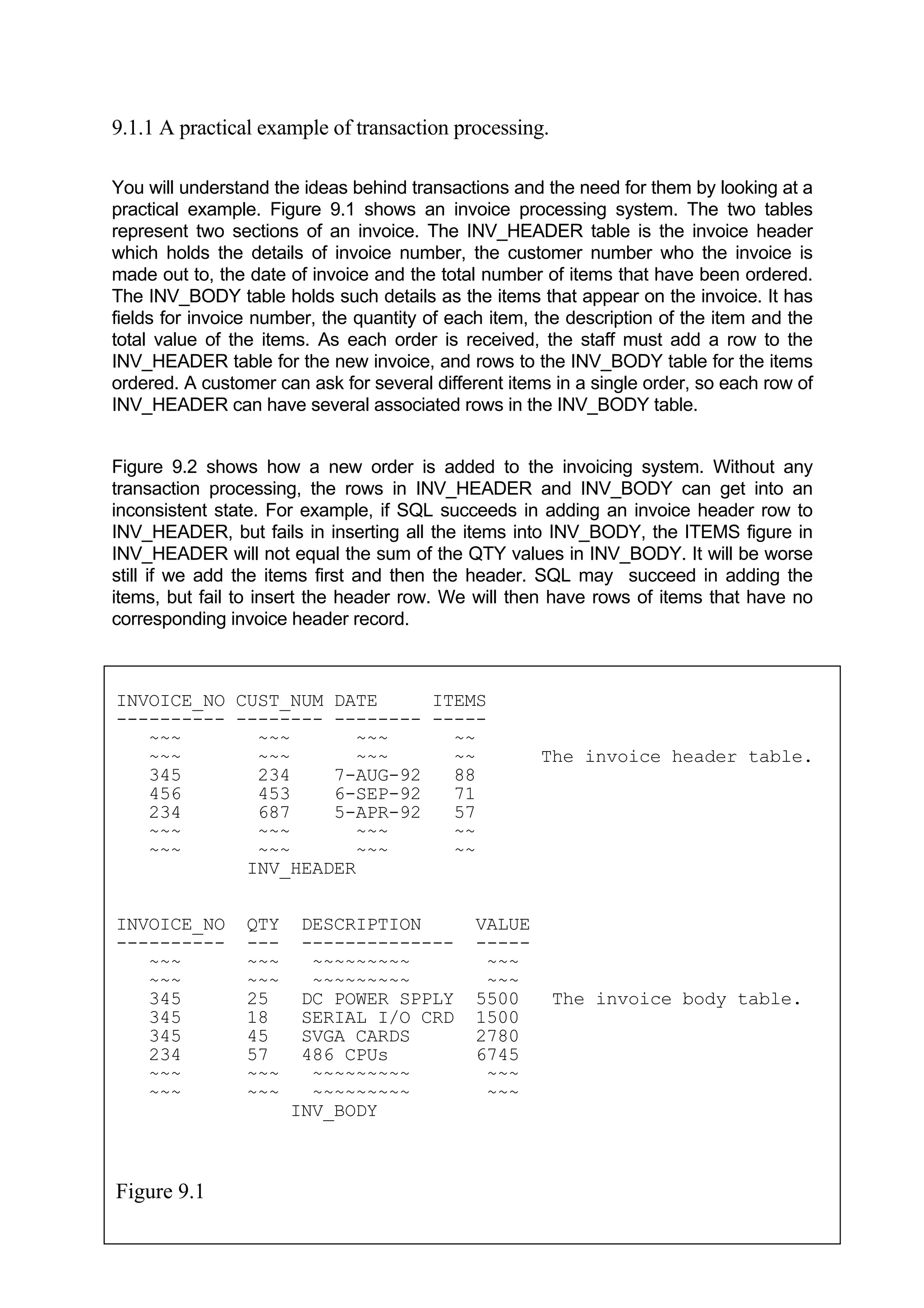 9.1.1 A practical example of transaction processing. You will understand the ideas behind transactions and the need for them by looking at a practical example. Figure 9.1 shows an invoice processing system. The two tables represent two sections of an invoice. The INV_HEADER table is the invoice header which holds the details of invoice number, the customer number who the invoice is made out to, the date of invoice and the total number of items that have been ordered. The INV_BODY table holds such details as the items that appear on the invoice. It has fields for invoice number, the quantity of each item, the description of the item and the total value of the items. As each order is received, the staff must add a row to the INV_HEADER table for the new invoice, and rows to the INV_BODY table for the items ordered. A customer can ask for several different items in a single order, so each row of INV_HEADER can have several associated rows in the INV_BODY table. Figure 9.2 shows how a new order is added to the invoicing system. Without any transaction processing, the rows in INV_HEADER and INV_BODY can get into an inconsistent state. For example, if SQL succeeds in adding an invoice header row to INV_HEADER, but fails in inserting all the items into INV_BODY, the ITEMS figure in INV_HEADER will not equal the sum of the QTY values in INV_BODY. It will be worse still if we add the items first and then the header. SQL may succeed in adding the items, but fail to insert the header row. We will then have rows of items that have no corresponding invoice header record. INVOICE_NO CUST_NUM DATE ITEMS ---------- -------- -------- ----- ~~~ ~~~ ~~~ ~~ ~~~ ~~~ ~~~ ~~ The invoice header table. 345 234 7-AUG-92 88 456 453 6-SEP-92 71 234 687 5-APR-92 57 ~~~ ~~~ ~~~ ~~ ~~~ ~~~ ~~~ ~~ INV_HEADER INVOICE_NO QTY DESCRIPTION VALUE ---------- --- -------------- ----- ~~~ ~~~ ~~~~~~~~~ ~~~ ~~~ ~~~ ~~~~~~~~~ ~~~ 345 25 DC POWER SPPLY 5500 The invoice body table. 345 18 SERIAL I/O CRD 1500 345 45 SVGA CARDS 2780 234 57 486 CPUs 6745 ~~~ ~~~ ~~~~~~~~~ ~~~ ~~~ ~~~ ~~~~~~~~~ ~~~ INV_BODY Figure 9.1 