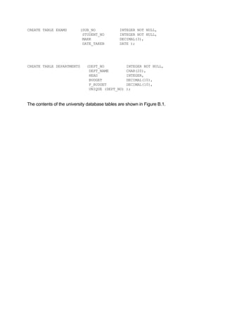 CREATE TABLE EXAMS (SUB_NO INTEGER NOT NULL,
STUDENT_NO INTEGER NOT NULL,
MARK DECIMAL(3),
DATE_TAKEN DATE );
CREATE TABLE DEPARTMENTS (DEPT_NO INTEGER NOT NULL,
DEPT_NAME CHAR(20),
HEAD INTEGER,
BUDGET DECIMAL(10),
P_BUDGET DECIMAL(10),
UNIQUE (DEPT_NO) );
The contents of the university database tables are shown in Figure B.1.
 