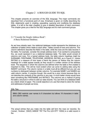 Chapter 2 A ROUGH GUIDE TO SQL
This chapter presents an overview of the SQL language. The major commands are
described from a functional point of view. Emphasis is given on briefly describing the
SQL statements used in creating, populating, querying and modifying the database
tables. It is left to the later chapters to give a detailed description of each command.
This chapter gives you a feel for the SQL language and it's main command groups.
2.1 "Consider the Simple Address Book":
A Basic Relational Database.
As we have already seen, the relational database model represents the database as a
collection of tables which relate to each other. Tables consist of rows and columns. The
column definitions describe the fields in the table, while the rows are the data records in
the table. For example, consider the simple address book. If we wanted to computerise
this, we could represent it as a relational database table. The table would consist of
columns and rows. For a typical address book, the table column headings might be
SURNAME, FIRSTNAME, TELEPHONE, ADDRESS, RATING, as in Figure 2.1, where
RATING is a measure of how close a friend the person is! Notice how the column
headings for a table appear exactly as they would in a written version of the address
book. The sequence in which the columns are defined when the table is first created is
important to SQL. This will be most evident when we come to adding data using the
INSERT command. The column names in a table must all be different but you can use
numbers to distinguish between similar columns. For example NAME1 and NAME2 are
valid column names. In practice though, this would be a poor choice because they do
not describe the contents of the columns in any way. A much better choice would have
been something like FIRSTNAME and INITIALS. The columns are a method of giving
the table a structure in which to add our data records. You can think of a database table
as a blank sheet of paper. The overall objective is to use that sheet to store the names
and addresses of people we know.
SQL Tips
IBM's DB2 restricts user names to 8 characters but allows 18 characters in table
and column names.
The actual entries that you make into the table will form the rows (or records). So
('Jones', 'Andrew', '(0523) 346639' '767 The Firs LE4 6TY' 15554) is a valid record in
the
 
