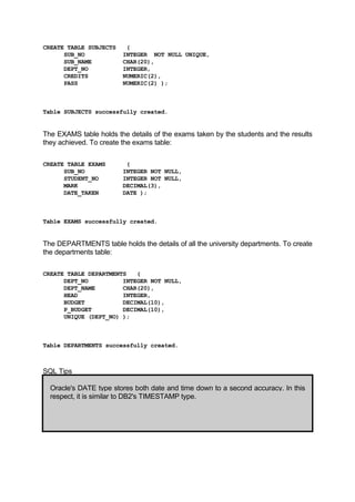 CREATE TABLE SUBJECTS (
SUB_NO INTEGER NOT NULL UNIQUE,
SUB_NAME CHAR(20),
DEPT_NO INTEGER,
CREDITS NUMERIC(2),
PASS NUMERIC(2) );
Table SUBJECTS successfully created.
The EXAMS table holds the details of the exams taken by the students and the results
they achieved. To create the exams table:
CREATE TABLE EXAMS (
SUB_NO INTEGER NOT NULL,
STUDENT_NO INTEGER NOT NULL,
MARK DECIMAL(3),
DATE_TAKEN DATE );
Table EXAMS successfully created.
The DEPARTMENTS table holds the details of all the university departments. To create
the departments table:
CREATE TABLE DEPARTMENTS (
DEPT_NO INTEGER NOT NULL,
DEPT_NAME CHAR(20),
HEAD INTEGER,
BUDGET DECIMAL(10),
P_BUDGET DECIMAL(10),
UNIQUE (DEPT_NO) );
Table DEPARTMENTS successfully created.
SQL Tips
Oracle's DATE type stores both date and time down to a second accuracy. In this
respect, it is similar to DB2's TIMESTAMP type.
 