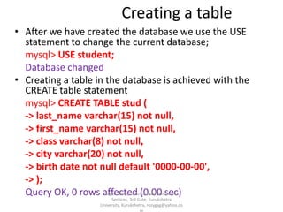 Creating a table
• After we have created the database we use the USE
statement to change the current database;
mysql> USE student;
Database changed
• Creating a table in the database is achieved with the
CREATE table statement
mysql> CREATE TABLE stud (
-> last_name varchar(15) not null,
-> first_name varchar(15) not null,
-> class varchar(8) not null,
-> city varchar(20) not null,
-> birth date not null default '0000-00-00',
-> );
Query OK, 0 rows affected (0.00 sec)
Gagan Deep, Director, Rozy Computech
Services, 3rd Gate, Kurukshetra
University, Kurukshetra, rozygag@yahoo.co

 