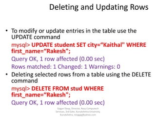 Deleting and Updating Rows
• To modify or update entries in the table use the
UPDATE command
mysql> UPDATE student SET city=“Kaithal" WHERE
first_name=“Rakesh";
Query OK, 1 row affected (0.00 sec)
Rows matched: 1 Changed: 1 Warnings: 0
• Deleting selected rows from a table using the DELETE
command
mysql> DELETE FROM stud WHERE
first_name=“Rakesh";
Query OK, 1 row affected (0.00 sec)
Gagan Deep, Director, Rozy Computech
Services, 3rd Gate, Kurukshetra University,
Kurukshetra, rozygag@yahoo.com

 