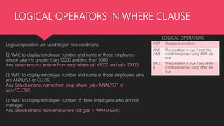LOGICAL OPERATORS IN WHERE CLAUSE
NOT Negates a condition
AND
/ &&
The condition is true if both the
conditions joined using AND are
true
OR /
||
The condition is true if any of the
conditions joined using AND are
true
LOGICAL OPERATORS
Logical operators are used to join two conditions.
Q. WAC to display employee number and name of those employees
whose salary is greater than 10000 and less than 5000.
Ans. select empno, ename from emp where sal >5000 and sal< 10000;
Q. WAC to display employee number and name of those employees who
are ANALYST or CLERK.
Ans. Select empno, name from emp where job=“ANALYST” or
job=“CLERK”;
Q. WAC to display employee number of those employees who are not
manager.
Ans. Select empno from emp where not (job = “MANAGER”;
 