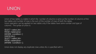 UNION
Union of two tables is a table in which the number of columns is same as the number of columns of the
two tables and number of rows is the sum of the number of rows of both the tables.
Union operation can be applied on two tables only if the tables have same number and type of
columns. The syntax of union is:
SELECT <select_list>
FROM <tablename>
[WHERE <condition> ]
UNION [ALL]
SELECT <select_list>
FROM <tablename>
[WHERE <condition> ];
Union does not display any duplicate rows unless ALL is specified with it.
 