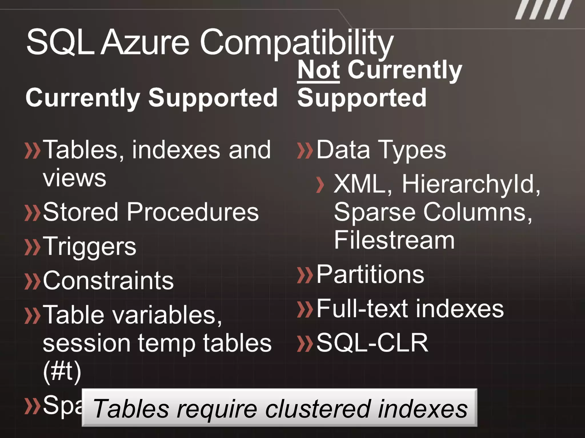 Tables require clustered indexes 
