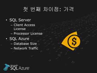 첫 번째 차이점: 가격
• SQL Server
  – Client Access
    License
  – Processor License
• SQL Azure
  – Database Size
  – Network Traffic
 