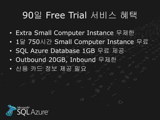 90일 Free Trial 서비스 혜택
•   Extra Small Computer Instance 무제한
•   1달 750시간 Small Computer Instance 무료
•   SQL Azure Database 1GB 무료 제공
•   Outbound 20GB, Inbound 무제한
•   신용 카드 정보 제공 필요
 
