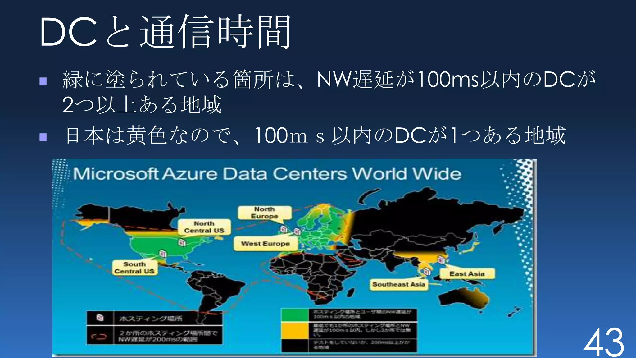 DCと通信時間
緑に塗られている箇所は、NW遅延が100ms以内のDCが
2つ以上ある地域
日本は黄色なので、100ｍｓ以内のDCが1つある地域




                           43
 