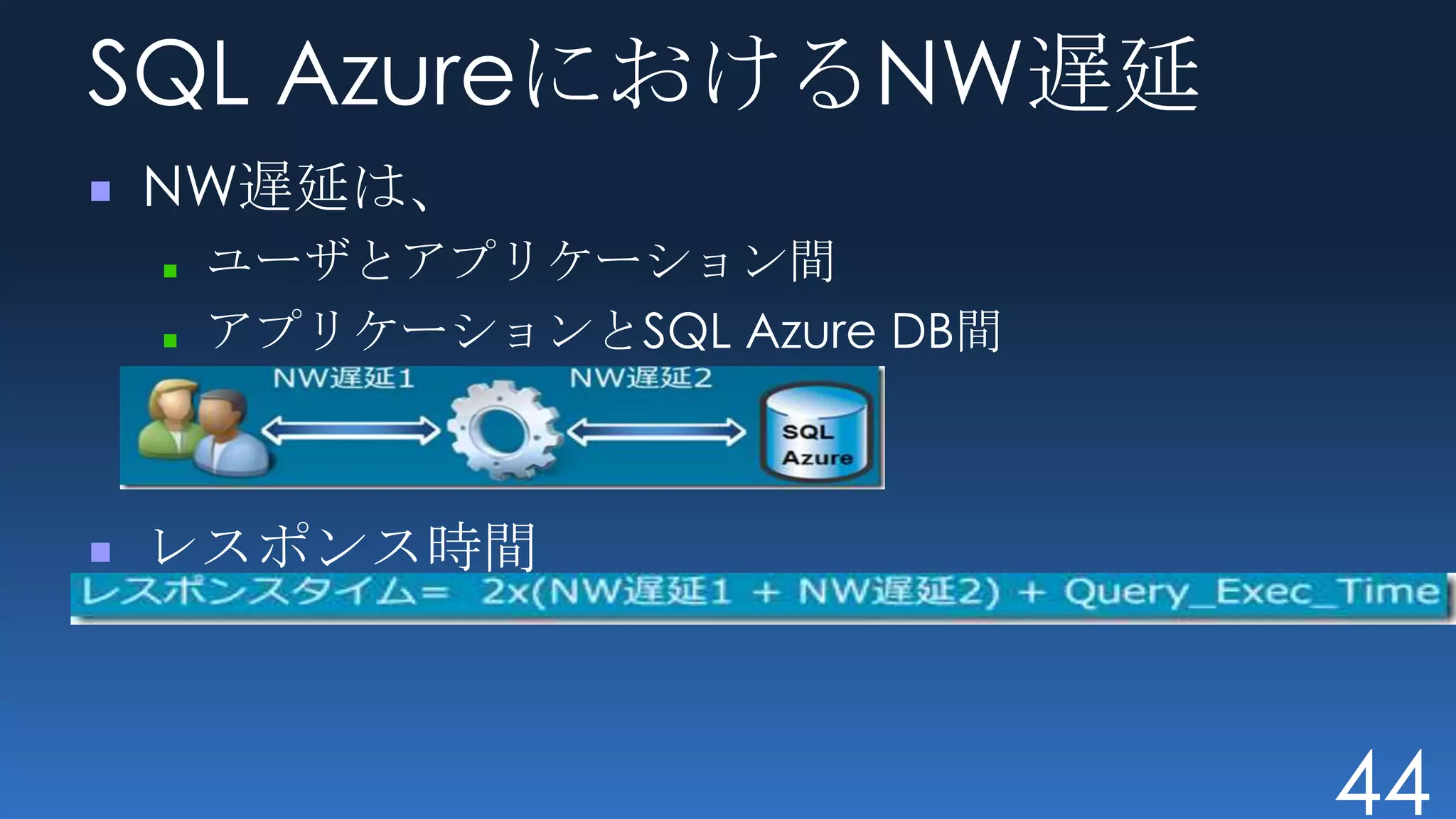 SQL AzureにおけるNW遅延
NW遅延は、
 ユーザとアプリケーション間
 アプリケーションとSQL Azure DB間



レスポンス時間



                          44
 