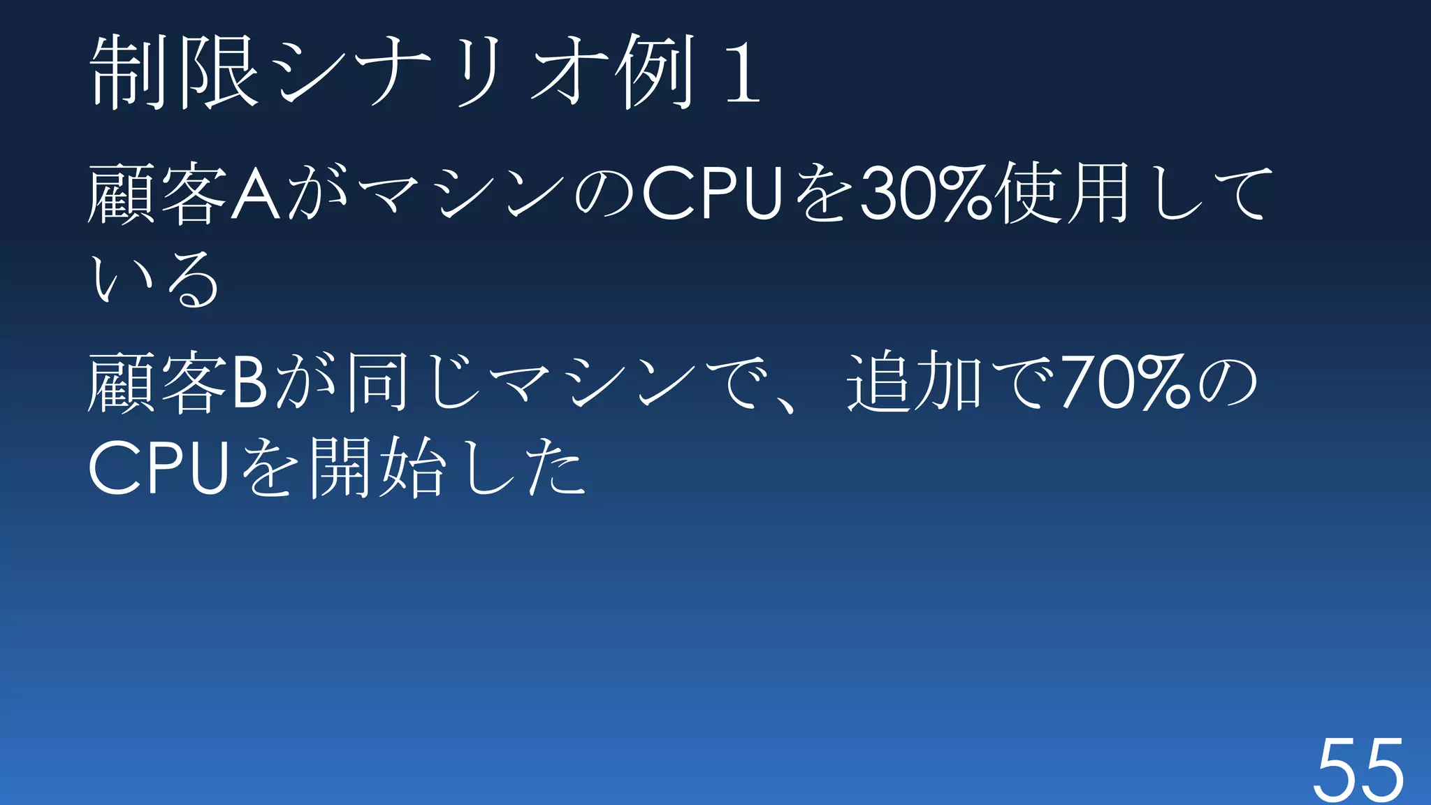 制限シナリオ例１
顧客AがマシンのCPUを30%使用して
いる
顧客Bが同じマシンで、追加で70%の
CPUを開始した



                      55
 
