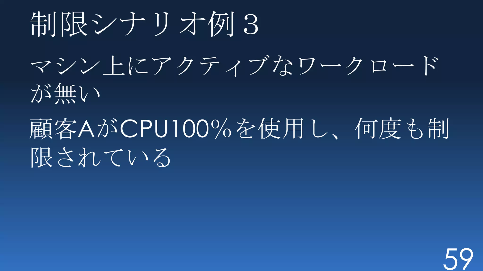 制限シナリオ例３
マシン上にアクティブなワークロード
が無い
顧客AがCPU100％を使用し、何度も制
限されている



                   59
 